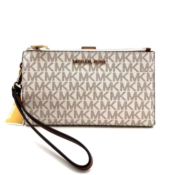 Michael Kors Large Double Zip Wallet Wristlet Vanilla/Brown - Picture 1 of 8